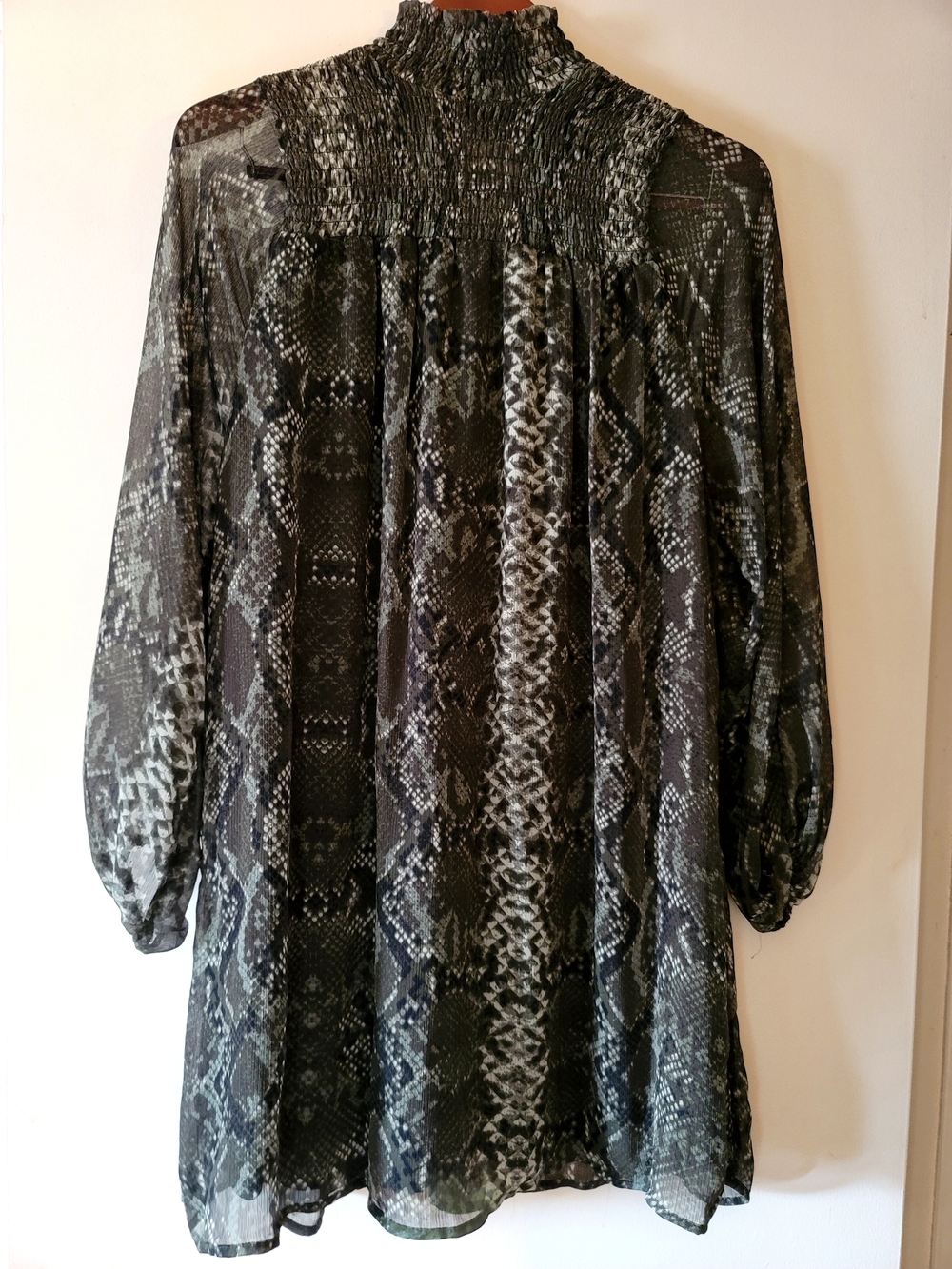 H&M Black and Sage Snake-Print Chiffon Smocked Midi Dress